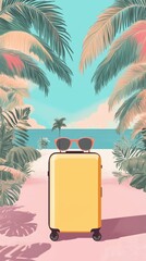 Tropical travel suitcase with sunglasses in summer vacation setting – travel suitcase, summer vacation, and tropical holiday adventure in vibrant illustration