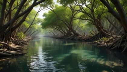 Fototapeta premium Mangrove forest with a narrow channel of water flowing through it , wetland, evergreen, bark