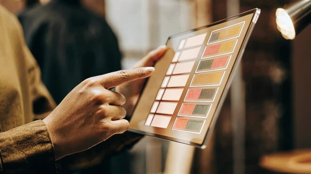 A closeup of a hand interacting with a floating holographic budget breakdown showcasing different categories like housing savings and entertainment in vibrant colors.