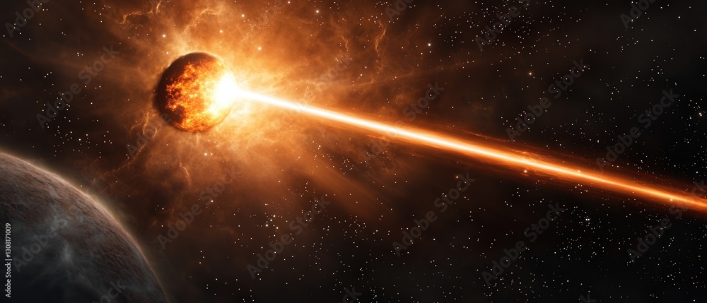 Poster gravity hole pull concepts. explosive asteroid collision with cosmic rays and distant planet.