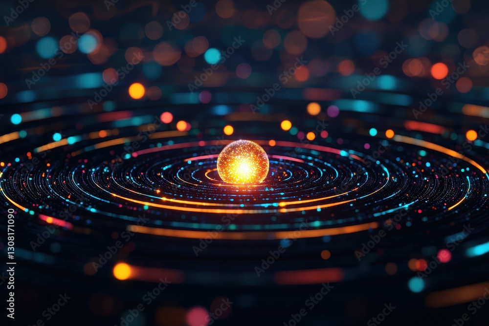 Poster gravity hole pull concepts. vibrant abstract sphere in glowing concentric circles on a dark backgrou