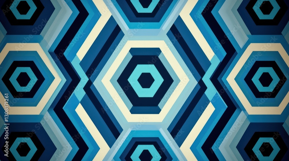 Poster a seamless geometric blue pattern with hexagons and contrasting shades.