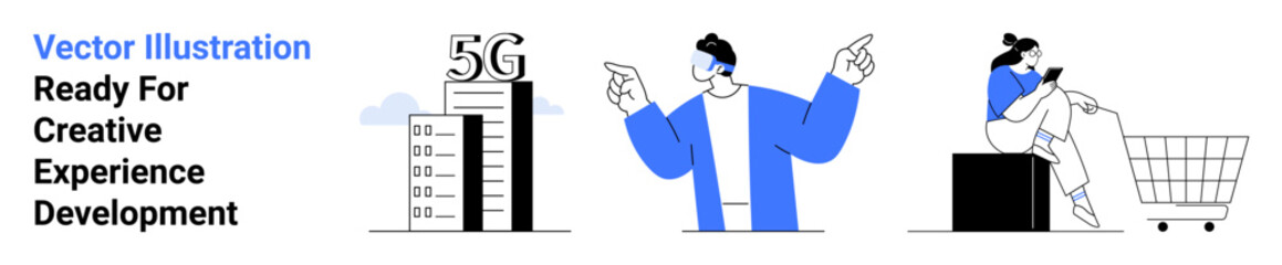 5G skyscraper with clouds, person interacting with virtual space, woman seated by a shopping cart. Ideal for technology, innovation, telecom, digital access, e-commerce, connectivity flat landing