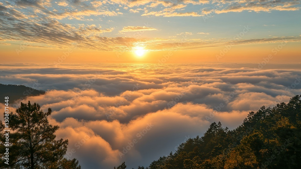 Aufkleber a serene countryside view with the setting sun casting a warm glow across the clouds.