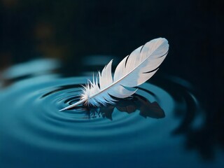 Feather Floating on Water Surface Creating Ripples in Serene Blue