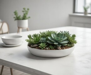 Fototapeta premium Minimalist white and green table decor with succulent centerpiece , modern, chic