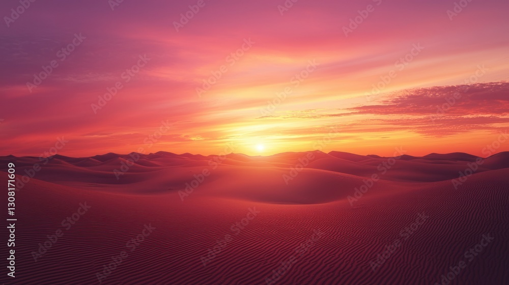 Poster a serene desert scene with the sky painted in a flawless gradient of fiery sunset colors.