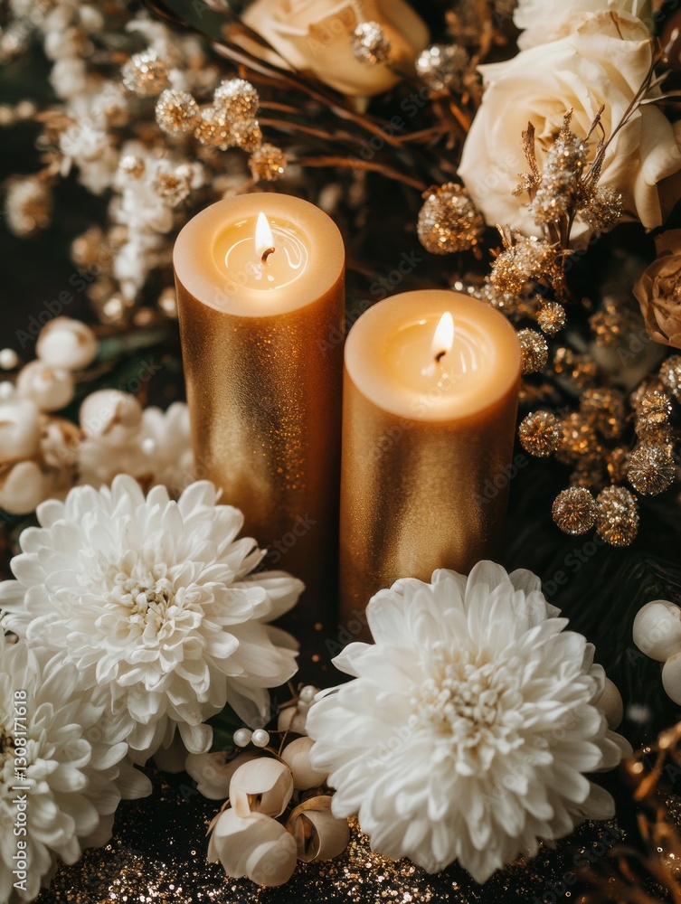 Aufkleber golden candles illuminate white and gold flowers on dark shimmering background with branding space g
