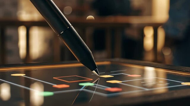 A closeup of a digital pen hovering over a floating holographic projection illustrating a stepbystep guide on optimizing workflows with colorful arrows indicating processes.