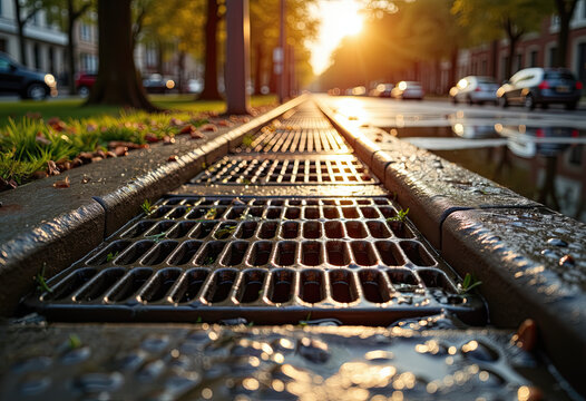 Metal storm drain grate with flowing water for environmental engineering presentations and flood prevention websites