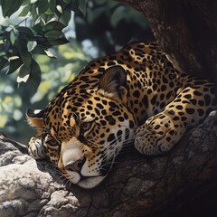 Fototapeta premium A vivid oil painting captures a serene jaguar perched on a tree branch, its fur intricately detailed with lifelike realism. Eyes locked onto the viewer, it exudes a mesmerizing presence against a vibr