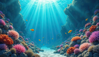 Underwater coral reef landscape with blue sunrays for marine conservation presentations and digital educational content