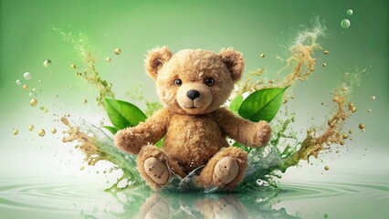 Vintage Teddy Bear Splash Photography, Earthy Tones, Asymmetrical Composition, Negative Space, Green Background