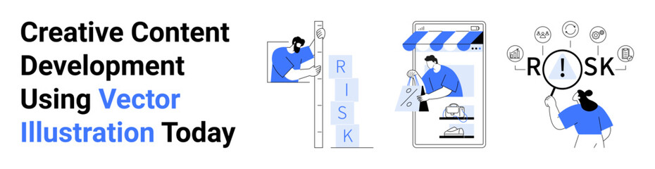 People interacting with risk strategies, analytics, and technology symbols. Ideal for business, strategy, analysis, digital tools, responsibility, teamwork flat landing page banner