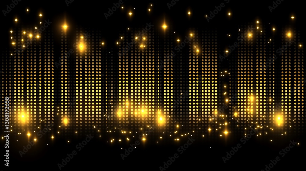Poster golden cascading dots with sparkling highlights on a black background