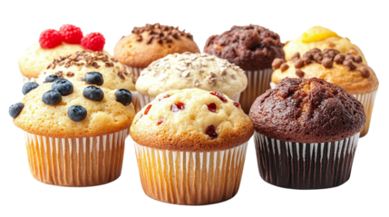 Assorted classic plain muffins on transparent background, png file mockup template for artwork featuring various design angles.