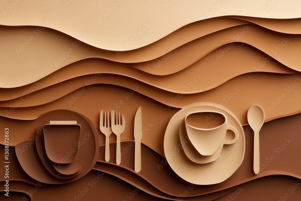 Poster layered paper art design featuring coffee cups and utensils in warm brown tones for a cozy atmospher