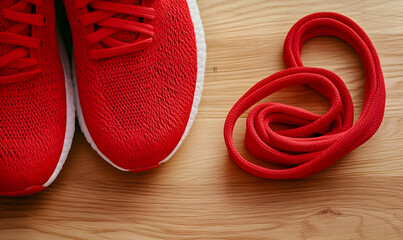 Red running shoes and resistance band on wood