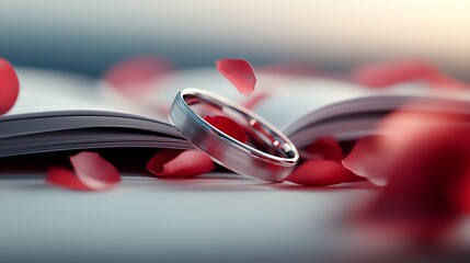 Wedding rings floating above a book of vows, poetic romance, 3D illustration