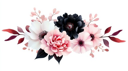 a wedding bouquet with roses and peonies, floral composition, watercolor illustration, isolated on white background