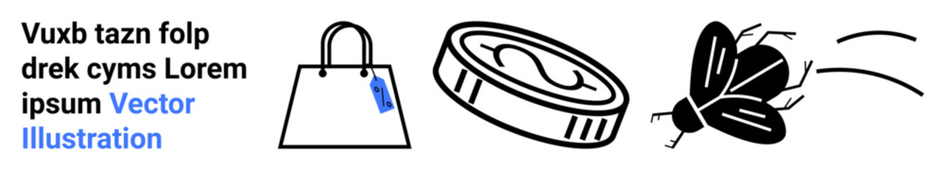 Shopping bag with tag, coin in motion, and flying insect convey shopping, currency, movement, growth, and sustainability. Ideal for e-commerce, marketing finance environment economy trending