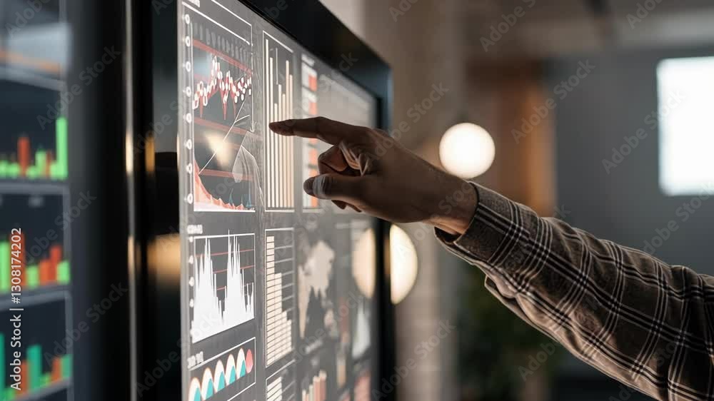 Poster a closeup of a hand gesturing toward a holographic screen highlighting key risk factors with vibrant