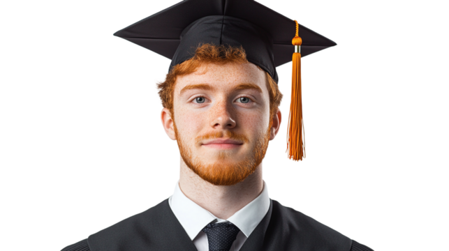 Handsome young ginger man in graduation cap and gown isolated on transparent background ideal for education and achievement concepts.