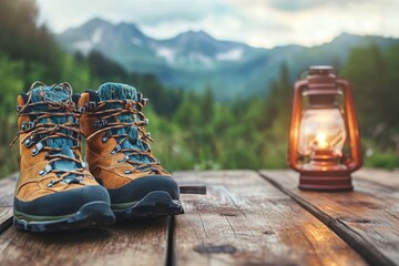 Hiking boots on wooden deck, mountain sunset backdrop