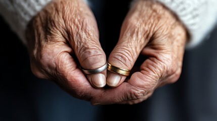 Hands of an elderly couple holding their original wedding rings, symbolizing lifelong love and devotion