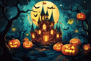 Fototapeta premium A spooky Halloween scene with a haunted castle under a full moon, surrounded by glowing jack-o'-lanterns and flying bats, creating an eerie atmosphere perfect for Halloween designs.