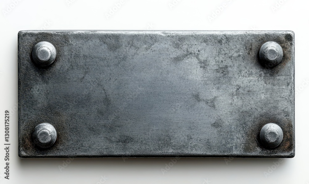 Poster metallic rectangular plate with rivets appearing on a textured surface, showcasing corrosion and wea