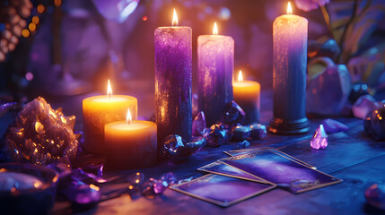 Mystical tarot reading setup with candles, crystals, and purple hues in enchanting dusk atmosphere, tarot, candles, crystals. Arcane - Relic. Illustration