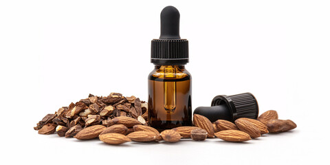 A bottle of pure almond oil with almonds and shells.
