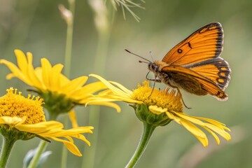 Fototapeta premium Orange butterfly alighting on the yellow center of an arnica montana bloom, natural world, nature, outdoors, yellow flowers, arnica montana