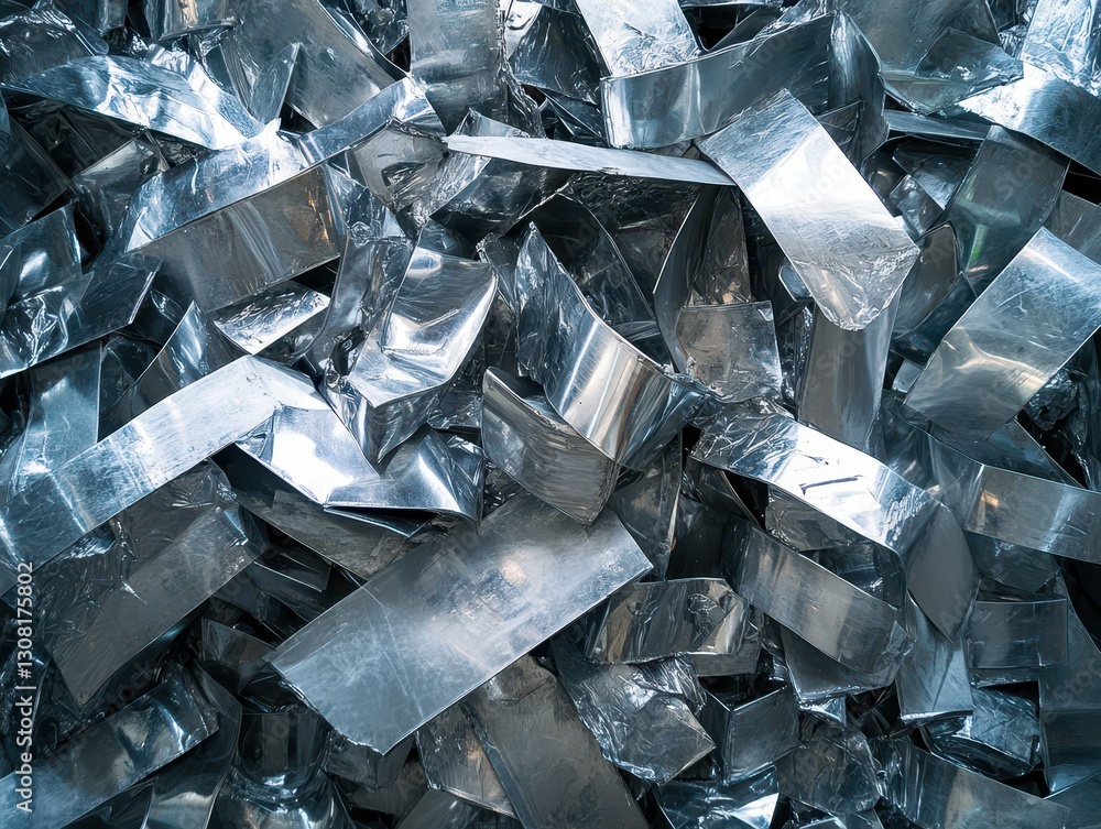 Poster metallic shiny scraps piled together in disorganized heap glimmering in light with reflections and t