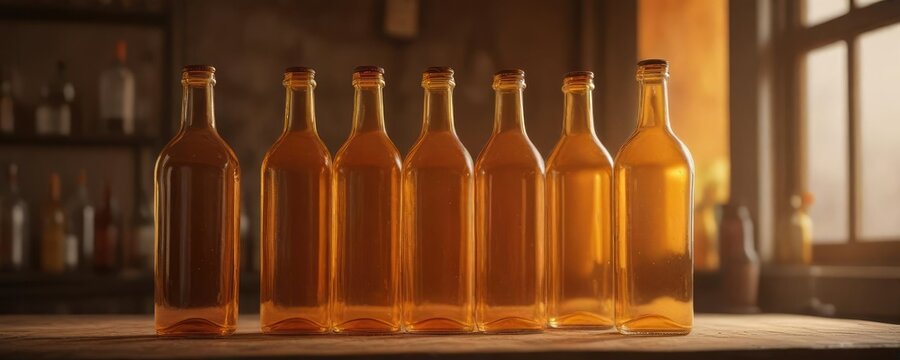 Orange-tinted glass bottles in a vintage setup, orange hues, nostalgia