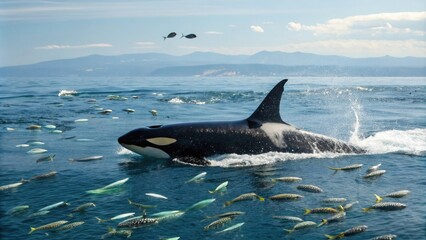 Fototapeta premium Orca whale swimming through a school of fish in the ocean, coral, schools