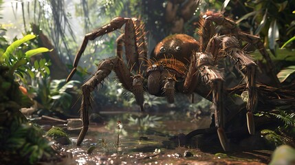Obraz premium Large Spider Crawling on Ground Surrounded by Lush Green Vegetation in Tropical Environment