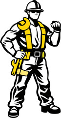 A bold and dynamic illustration of a construction worker wearing a safety helmet, harness, and tool belt. The character exudes strength and confidence, making it perfect for branding, logos