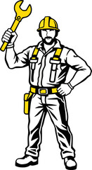 A detailed and bold illustration of a construction worker wearing a safety helmet, harness, and tool belt while holding a large wrench. The character represents strength, professionalism