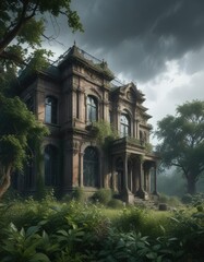 Obraz premium Overgrown vegetation surrounds a decrepit mansion with shattered panes of glass and stormy weather looming overhead, melancholy, vegetation