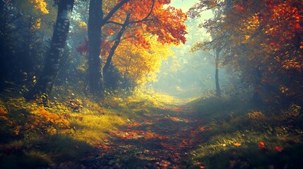 Autumn Forest Path Sunlight Magical Atmosphere