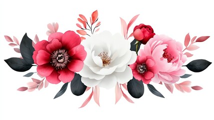 a wedding bouquet with roses and peonies, floral composition, watercolor illustration, isolated on white background