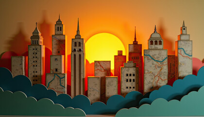 City Skyline Silhouette Against Sunset for Urban Website Backgrounds and Travel Blog Illustrations
