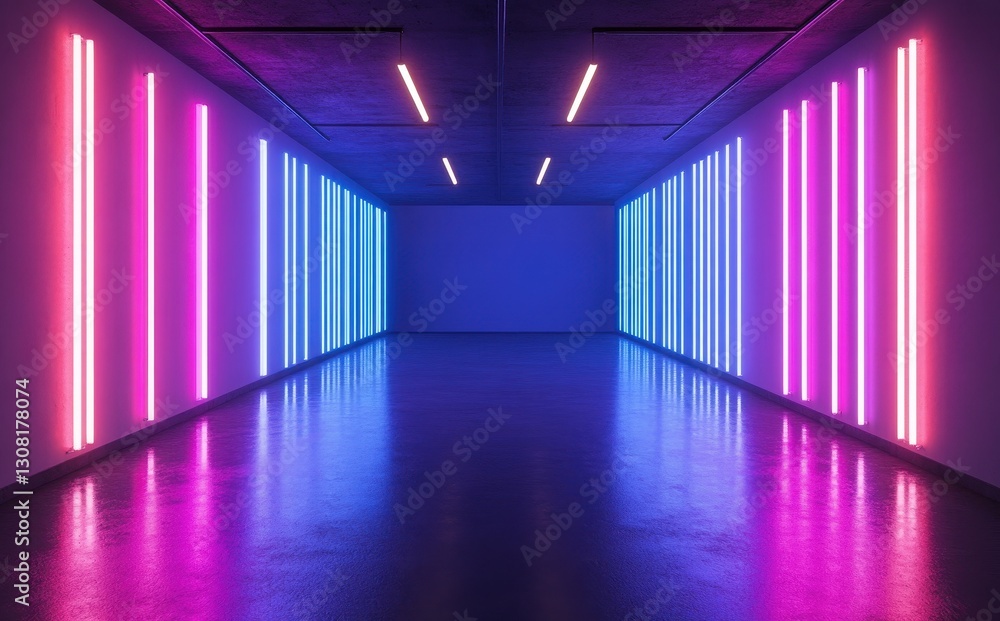 Poster modern abstract art installation with colorful neon lights in a minimalist gallery space creating a 