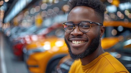 Obraz premium Smiling man in glasses at car show