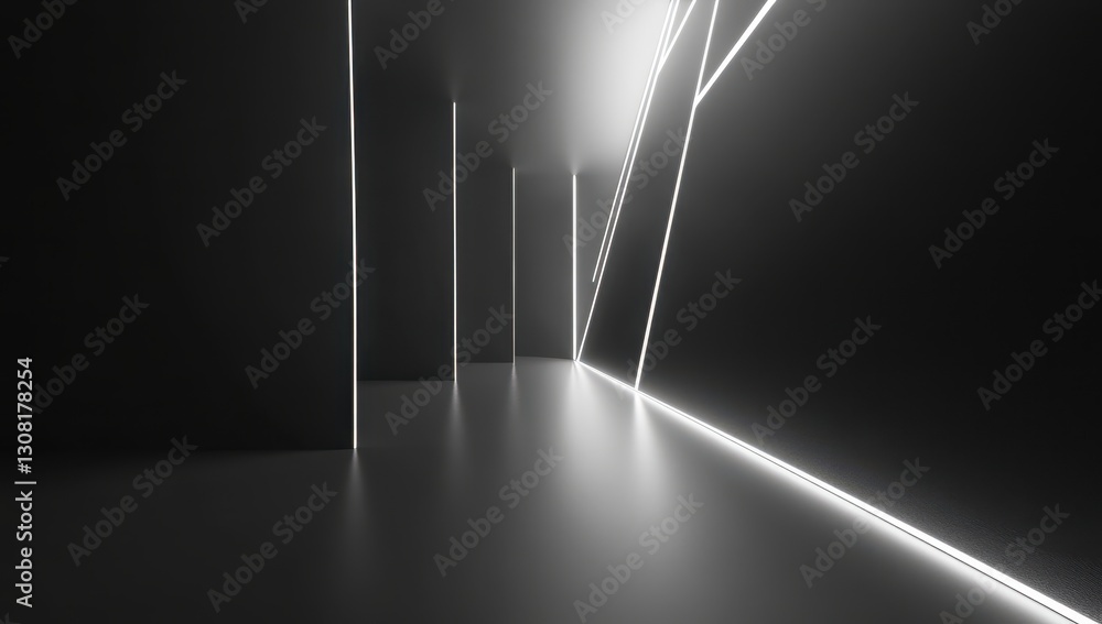 Poster modern abstract interior space with minimalistic design, illuminated lines, and dark walls creating 
