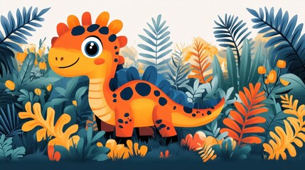 Fototapeta premium Adorable Cartoon Dinosaur with Colorful Botanicals in a Lush Forest, Vibrant Colors Create a Whimsical Atmosphere, Ideal for Children's Illustration.