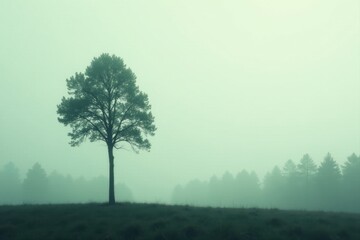 Fototapeta premium Solitary Tree in a Misty Meadow, Enveloped by a Serene and Mysterious Atmosphere