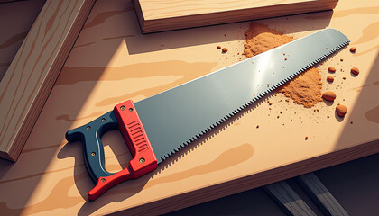 Manual saw with wood particles on workshop surface for carpentry blogs and educational content